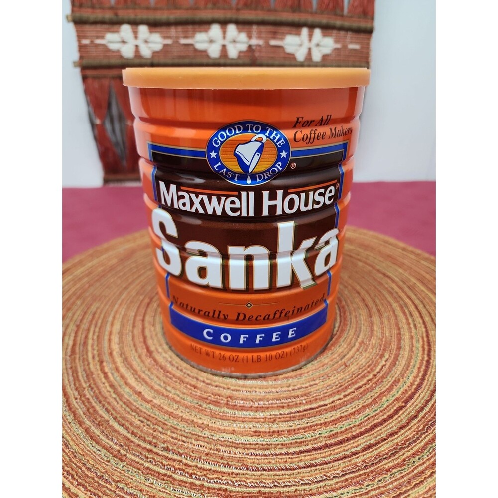 Vintage Maxwell House Sanka Naturally Decaffeinated Coffee Oranges Tin Can 1970s